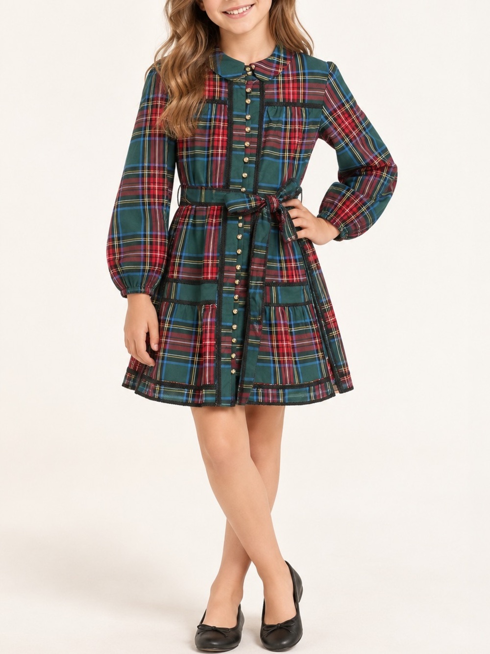 NWT J. Marie Girls Plaid Long Sleeve Belted Dress Size 10 $168